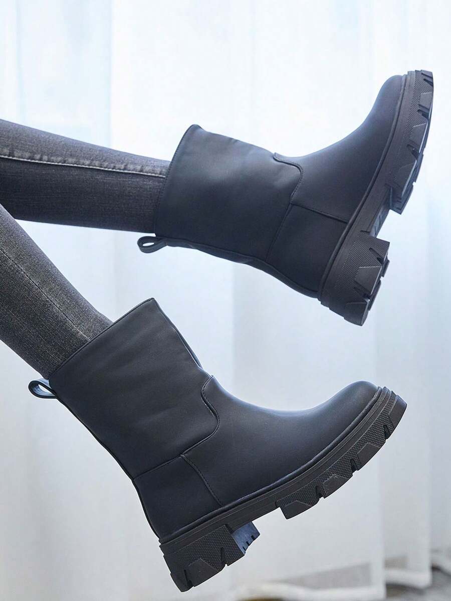 Chunky Mid-Calf Ankle Boots – Minimalist Style And Lug Sole - Black - View 1
