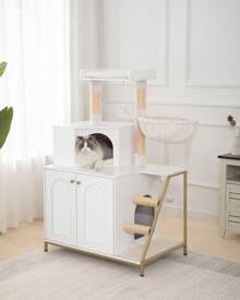 HaluPeit Cat Litter Box Enclosure With Cat Tree, 4-In-1 Modern Cat House With Large Platform, Cat Condo With Sisal Scratching Mat, Posts, Stairs And Pompom, Washable Cushions, White And Gold - White - View 2
