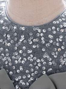 女婴纯色亮片网纱蝴蝶结薄纱蛋糕裙无袖可爱花童派对礼服，不含头饰 - 灰色 - 查看 5