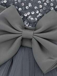 女婴纯色亮片网纱蝴蝶结薄纱蛋糕裙无袖可爱花童派对礼服，不含头饰 - 灰色 - 查看 6