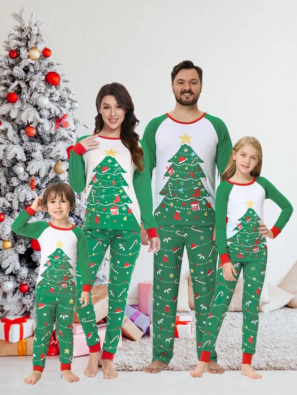 2 piezas Conjunto de pijama a juego de Navidad para mujeres y familias - Parte superior de manga larga y pantalones largos con estampado de árbol de Navidad, ropa cómoda de estar por casa para vacaciones de otoño e invierno