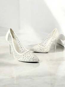 RevReaL Elegant Mesh Pumps With Studded Detailing Valentines Stylish High Heels - White - View 3