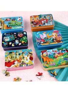 100 Pieces Iron Box Wooden Jigsaw Puzzle Puzzle Children's Puzzle Baby, Cartoon Wooden Early Education Toy, Christmas Gift/ - Multicolor - View 2