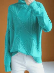 大码女式纯色高领长袖套头毛衣，秋冬款 - 藍色 - 查看 4