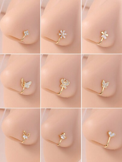 KARYOKO 1Pc/9pcs Faux Nose Cuff Non Piercing Inlaid Cubic Zirconia Clip On Nose Ring Moon Butterfly Shape Nose Ring Fake Nose Cuff For Women Silver Gold Color
