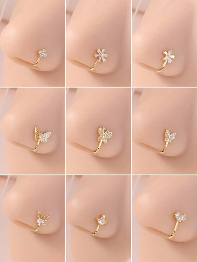 KARYOKO 1 件/9 件仿鼻环非穿孔镶嵌方晶锆石夹式鼻环月亮蝴蝶形鼻环假鼻环女式银色金色