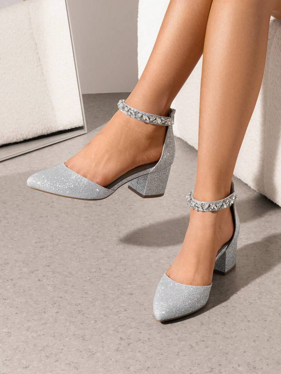 Women's Rhinestone Ankle Strap Heels Pumps Closed Pointed Toe Block Chunky Fashionable Party Shoes - Bạc - Xem 1