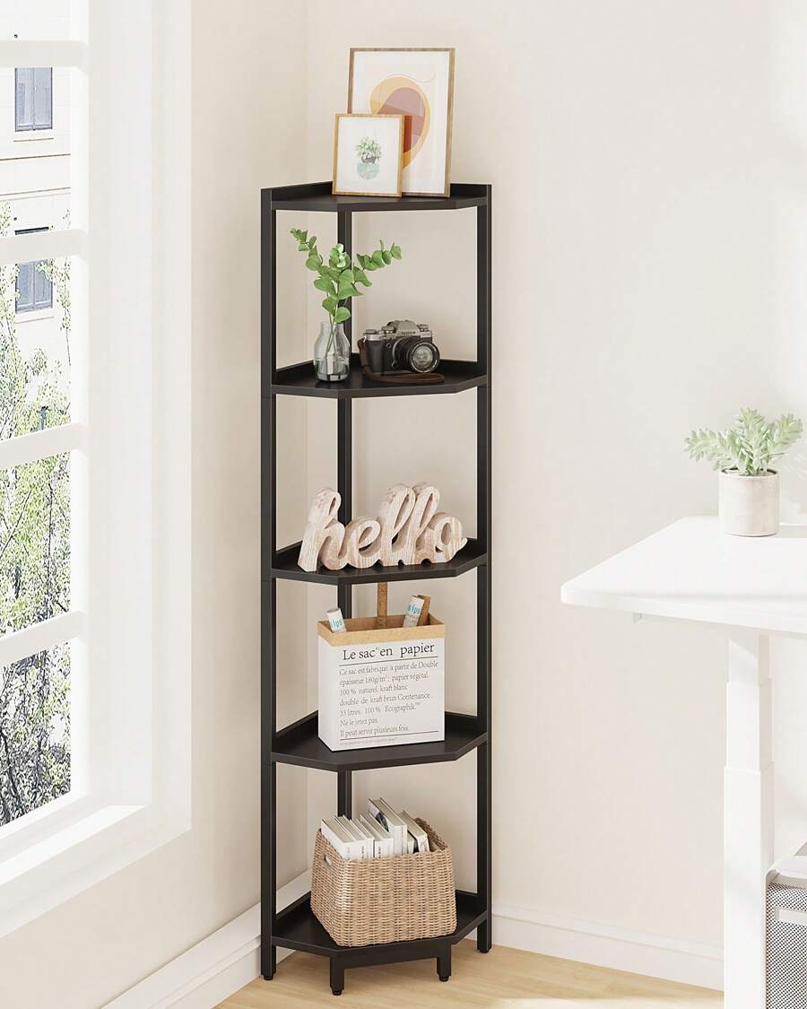 Corner Shelf Stand, Shelves,Corner Bookshelf, Storage Standing Shelf Unit With Metal Frame, Plant Stand, Corner Bookcase For Living Room, Home Office, Bedroom, Home Decor, Room Decor,  5-Tier Black - Black - View 1