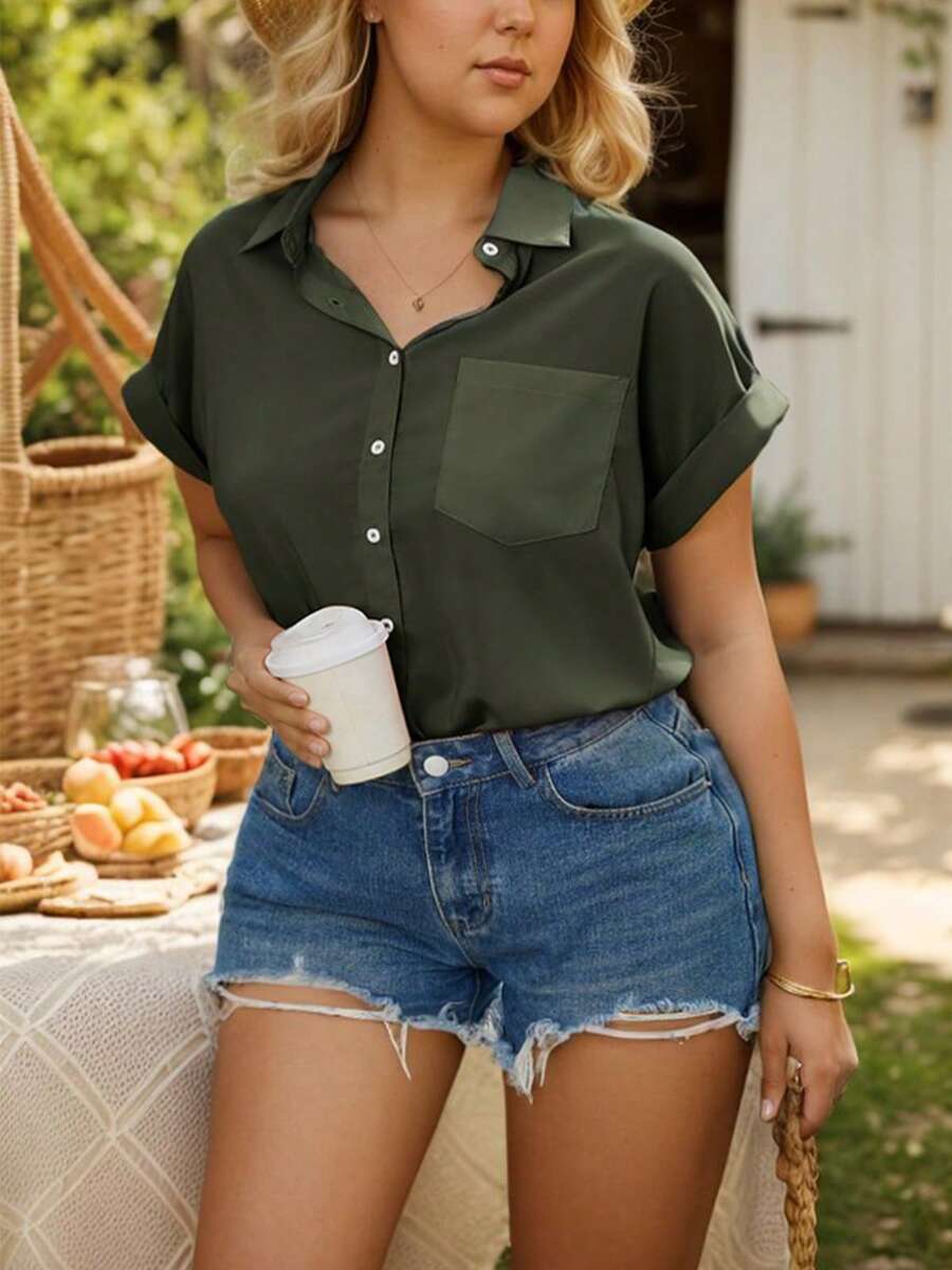 Women's Short-Sleeved Shirt - Army Green - View 1
