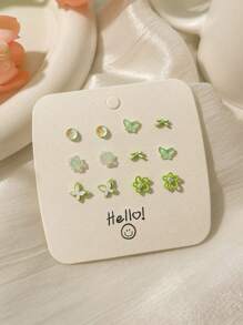 6對裝陶瓷製蝴蝶雙層陶瓷蝴蝶耳環套裝，優雅花卉圖案耳釘，輕奢情懷設計，優雅簡約耳環 - 薄荷綠 - 查看 1