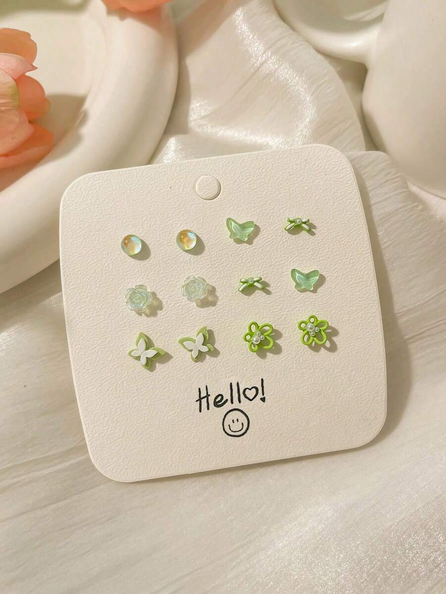 6對裝陶瓷製蝴蝶雙層陶瓷蝴蝶耳環套裝，優雅花卉圖案耳釘，輕奢情懷設計，優雅簡約耳環 - 薄荷綠 - 查看 1