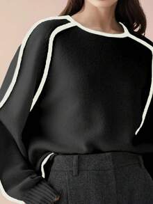 Fashionable Casual Knit Color-Block Long Sleeve Loose Pullover Top For Women - Black - View 2