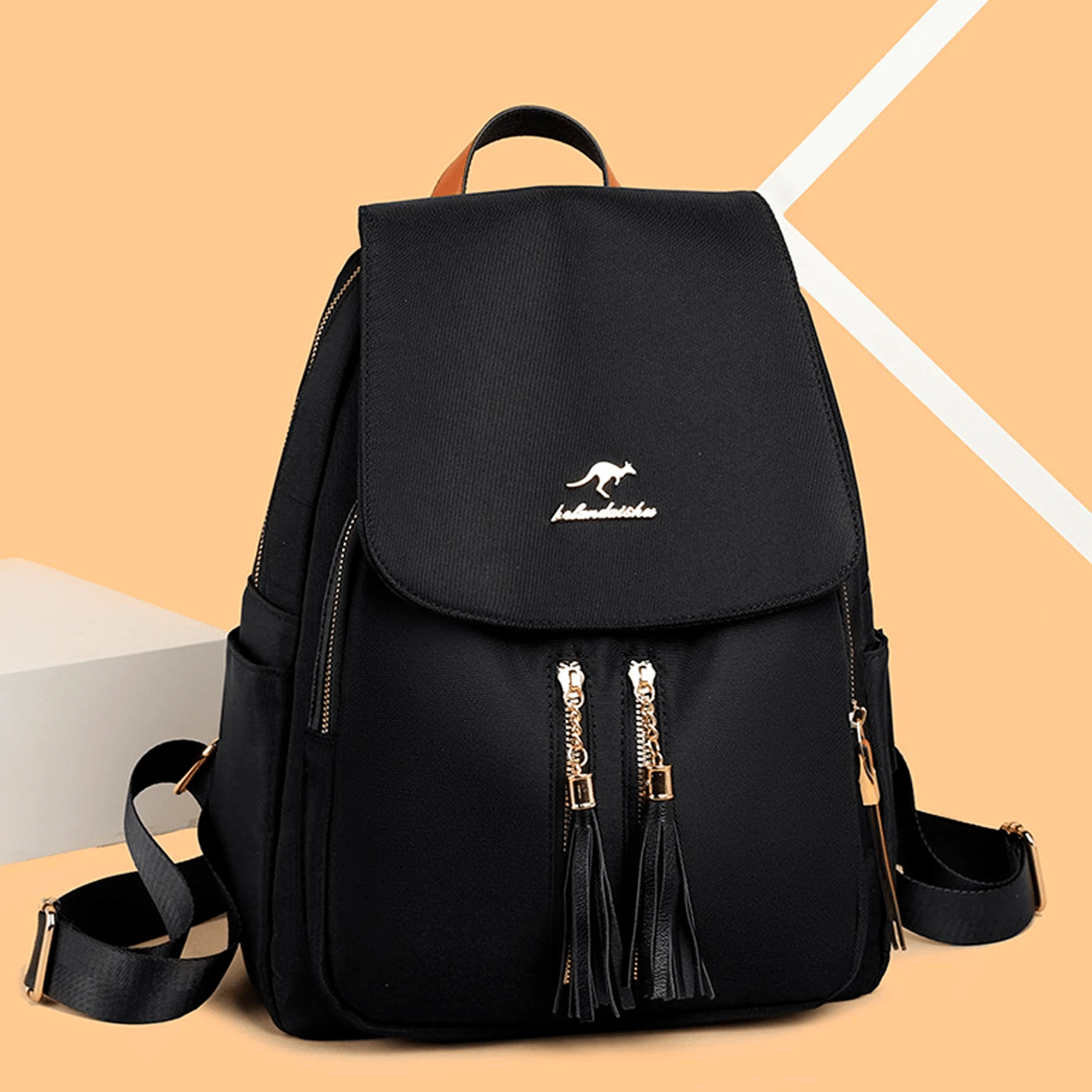 Women Backpack Oxford Canvas Rugged Business Casual College Work Travel Flap Backpack - 黑色 - 查看 1