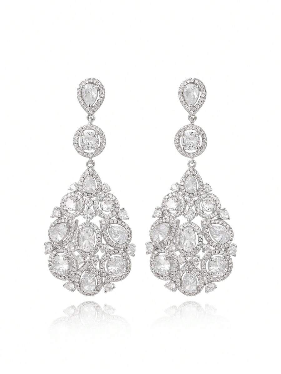 1 对奢华方晶锆石几何吊坠耳环，适合女性日常、节日和婚礼佩戴 - 銀色 - 查看 1