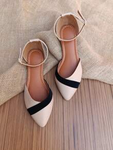 Salome Strap Women's Flats Elegant Pointed Toe Buckle Tie Female Adult Black White Salome Open Flat Sandal Fashion Embellishment Shoe Original Footwear - Màu be - Xem 4