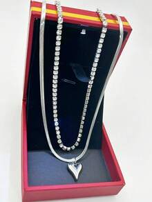 Women's Luxury Love Snake Scale Necklace + Inlaid Single Line Necklace - 銀色 - 查看 2