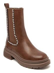 Camel Rhinestone Chelsea Boots – Chic Chunky Flat Boots - Camel - View 3