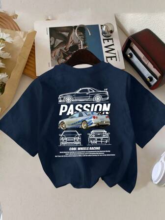 Young Boy Casual Fashion Daily Racing Car Sports Car Car Drawing Printed Words Round-Neck T-Shirt