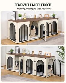 HEXCELEN Dog Crate Furniture, Dog Cage, 71" Heavy Duty Dog Kennels With Divider, Pads, Side Table, TV Cabinet, Wooden Dog Crate Furniture For 2 Dogs, Small/Medium/Large Dog, Anti-Chew, Anti-Escape,  Dog House, White Brown - 白色 棕色 - 查看 5
