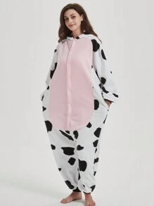 Cow Cosplay Unisex Cartoon One Piece Pajamas, Fleece Thickened Hooded Jumpsuit, Fall, Winter, Christmas Animal Cosplay One Piece Pajamas, Funny One Piece Outfit For Halloween Party - 黑與白 - 查看 5