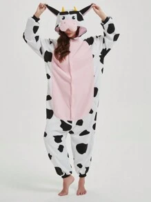 Cow Cosplay Unisex Cartoon One Piece Pajamas, Fleece Thickened Hooded Jumpsuit, Fall, Winter, Christmas Animal Cosplay One Piece Pajamas, Funny One Piece Outfit For Halloween Party - 黑與白 - 查看 3