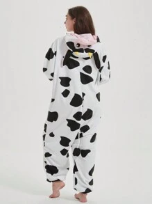 Cow Cosplay Unisex Cartoon One Piece Pajamas, Fleece Thickened Hooded Jumpsuit, Fall, Winter, Christmas Animal Cosplay One Piece Pajamas, Funny One Piece Outfit For Halloween Party - 黑與白 - 查看 2