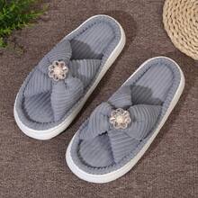 Women's Grey Stylish Simple Criss-Cross Strap Plush Lined Warm Lightweight Comfortable Sequin Faux Pearl Decor Slip-On Casual House Slippers - Grey - View 6