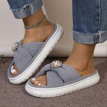 Women's Grey Stylish Simple Criss-Cross Strap Plush Lined Warm Lightweight Comfortable Sequin Faux Pearl Decor Slip-On Casual House Slippers - Grey - View 3