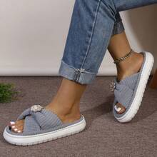 Women's Grey Stylish Simple Criss-Cross Strap Plush Lined Warm Lightweight Comfortable Sequin Faux Pearl Decor Slip-On Casual House Slippers - Grey - View 2