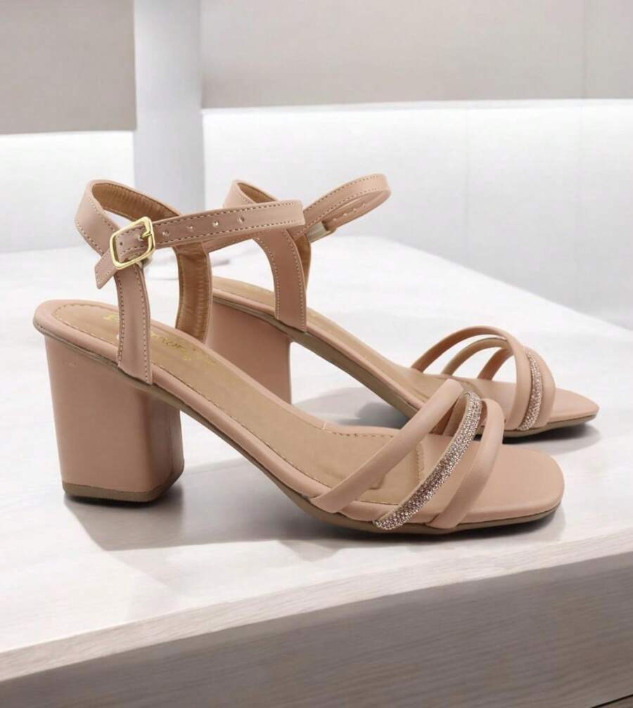 Women's Sandals, Elegant Block Heel, Medium, Shiny, Buckle Closure, Colors: Black, , Nude, Blue - 乾枯玫瑰色 - 查看 1