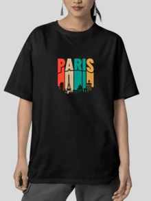 T-Shirt Oversized T-Shirt Paris Print Fashion - 黑色 - 查看 2