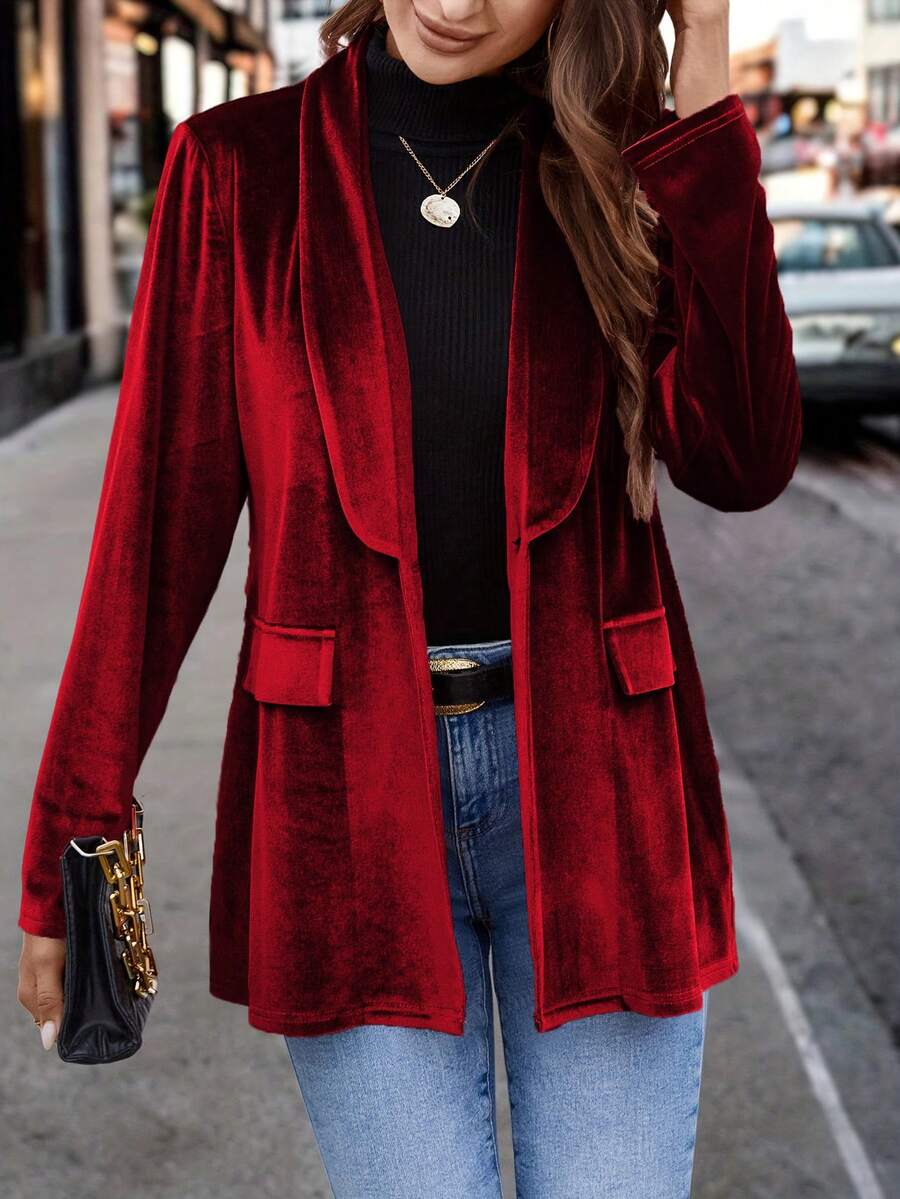 Women's New Fashionable Single-Button Long Sleeve Commuter Elegant Blazer, Velvet Fabric Suitable For Christmas, New Year Party, Colleague Gathering - Burgundy - View 1