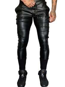 Lacapa Black Leatherette Slim Fit Streetwear Men's Resin Pants With Ribbed Cargo Pocket - 黑色 - 查看 3