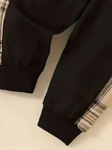 2pcs Baby Girls' Plaid Bear Print Long Sleeve Top And Plaid Patchwork Pants Set, Spring/Autumn