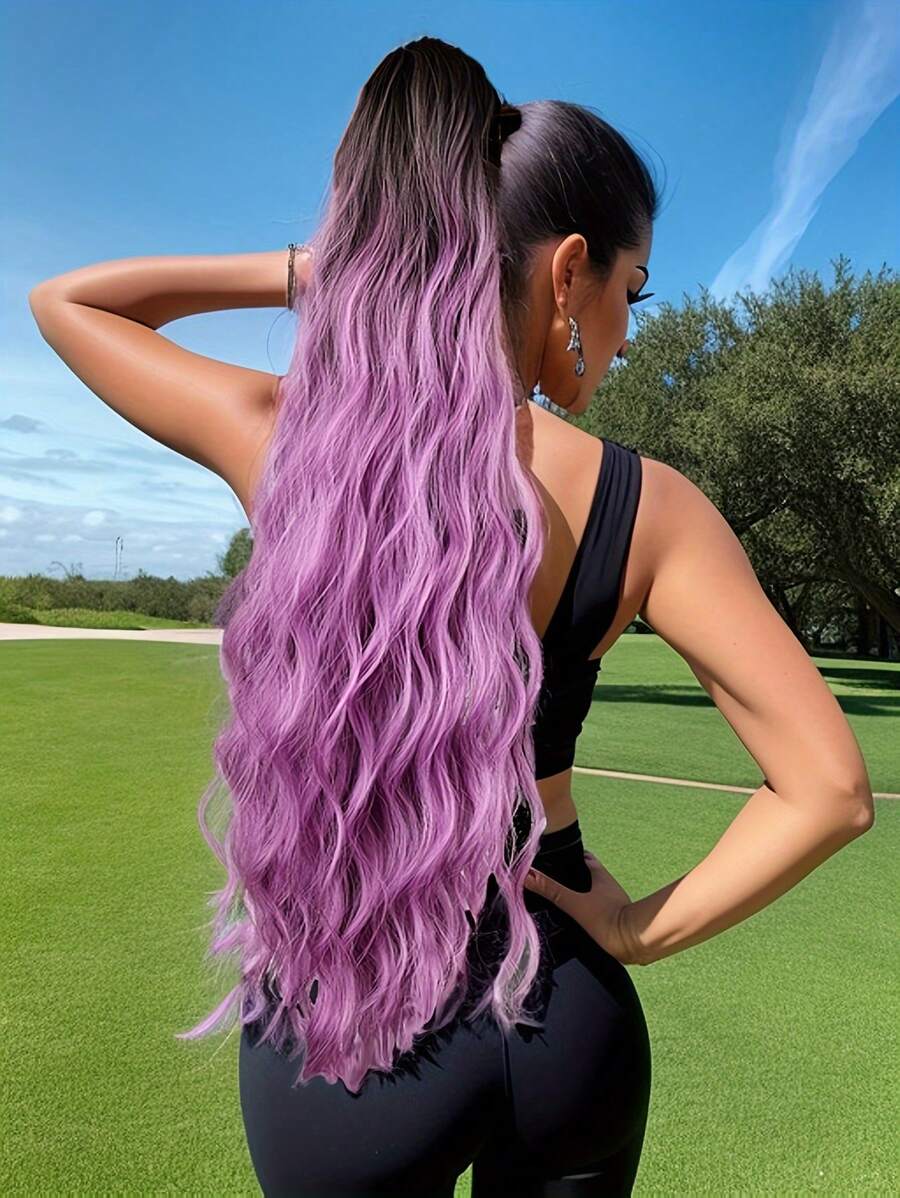 Claw Ponytail Extension 24 Inch Black Gradient Light Purple Water Wave Natural Wavy Clip In Hair Extensions Soft Natural Looking Heat Resistant Fiber Synthetic Hairpiece For Women - 漸層紫 - 查看 1