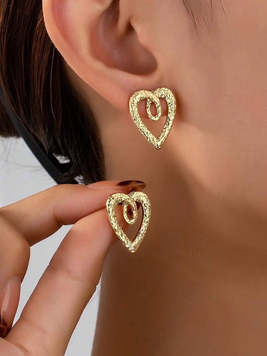 1 par de pendientes tipo botón de corazón hueco de unicolor, adecuados para uso diario - Amarillo Oro - Ver 1