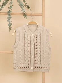 1pc Young Girl Cute Knitted Cardigan Sweater Vest, Suitable For Spring & Autumn - Beige - View 1