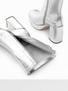 Women's Chunky Platform Mid-Calf Boots Waterproof Square Toe Fashionable Lightweight Comfort Elegant Bright Solid Color Side Zipper Classic For Parties Dress Festival Ankle Go Go Silver Boots - 銀色 - 查看 10
