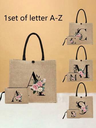 2pcs/Set Simple Flower Letter Print Linen Tote Bag, Simple Bag For Travel, Best Teacher Gifts For Christmas, Best Teacher Day Gift For Women , Teacher Gift