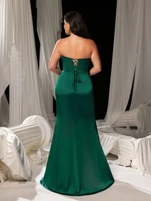 Faeriesty Curve Plus Women's Strapless High Slit Mermaid Evening Dress With Back Lacing & Detachable Train – Formal Banquet Gown, Wedding Photography, Red Carpet Event, Bridal Portrait, Gala Celebration Attire