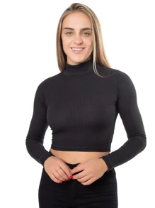 Kit 2 Cropped Blouse Long Sleeve High Neck Ribbed Pto - 布萊克和桑迪亞 - 查看 2