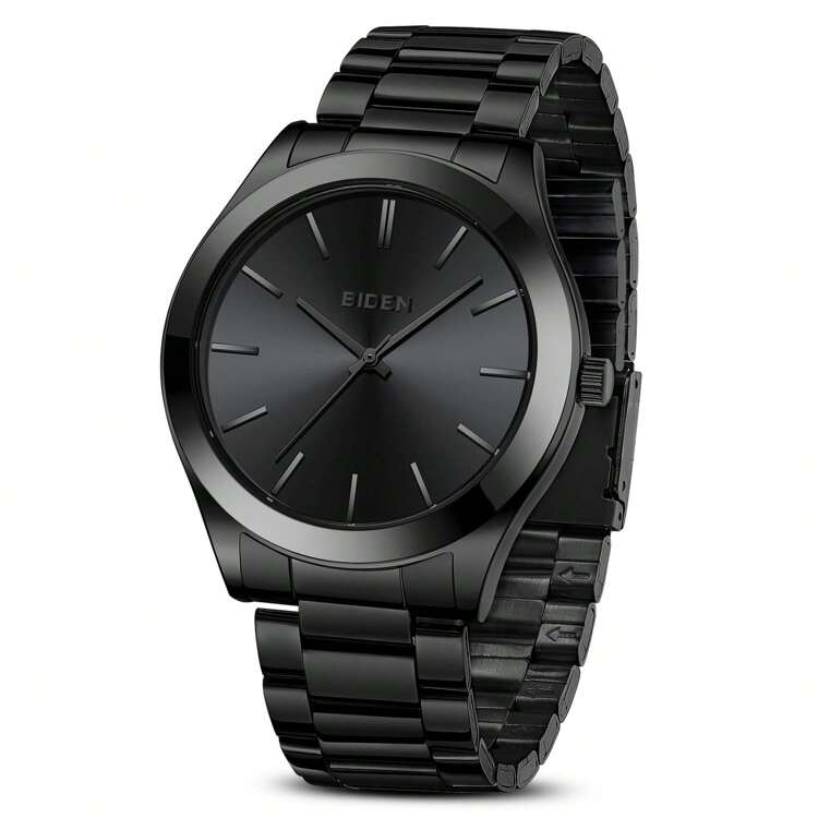 BIDEN 1pc Waterproof Stainless Steel Strap Analog Quartz Watch, Simple Business Watch For Men, Gift - Black - View 1