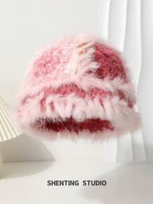 1 pieza Sombrero de cubo de piel de conejo sintética de moda tejido para mujer, gorro de orejeras de peluche cálido y versátil para otoño e invierno - Sombrero tejido - Ver 2