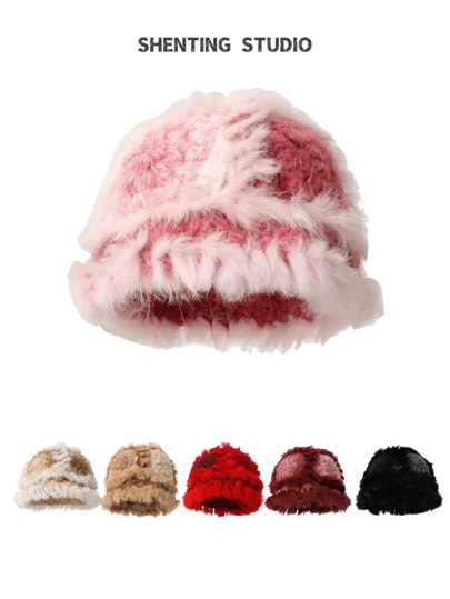 1 pieza Sombrero de cubo de piel de conejo sintética de moda tejido para mujer, gorro de orejeras de peluche cálido y versátil para otoño e invierno