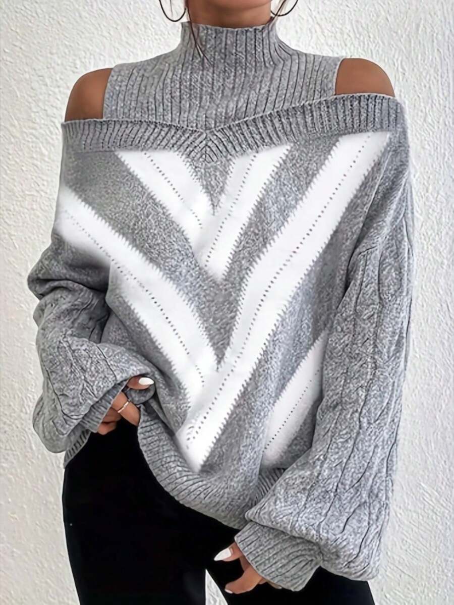 Plus Size Women Contrast Color Off Shoulder Turtleneck Cable Knit Long Sleeve Sweater For Fall/Winter Spring - Grey - View 1