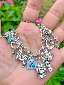 1 件西式吊坠手链、1 件西式帽子马蹄仙人掌手链、1 件西部牛仔风格闪电地图手链、1 件西式绿松石手链