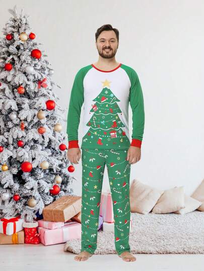 2pcs Men Christmas Family Matching Pajamas Set, Christmas Tree & Gift Print Long Sleeve Shirt & Pants Comfortable Loungewear Suit, Fall Winter Clothes