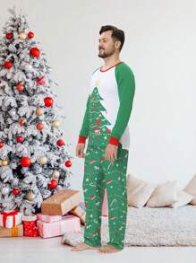 男士圣诞亲子睡衣套装（2件套），圣诞树和礼物印花长袖衬衫和长裤，舒适家居服套装，秋冬服装 - 綠色 - 查看 5