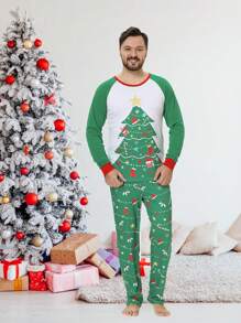男士圣诞亲子睡衣套装（2件套），圣诞树和礼物印花长袖衬衫和长裤，舒适家居服套装，秋冬服装 - 綠色 - 查看 3