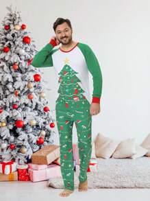 男士圣诞亲子睡衣套装（2件套），圣诞树和礼物印花长袖衬衫和长裤，舒适家居服套装，秋冬服装 - 綠色 - 查看 4